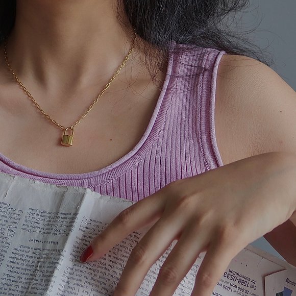 NEW 18K Gold Plated Lock Padlock Pendant Link Chain Paper Clip Necklace - Picture 6 of 6